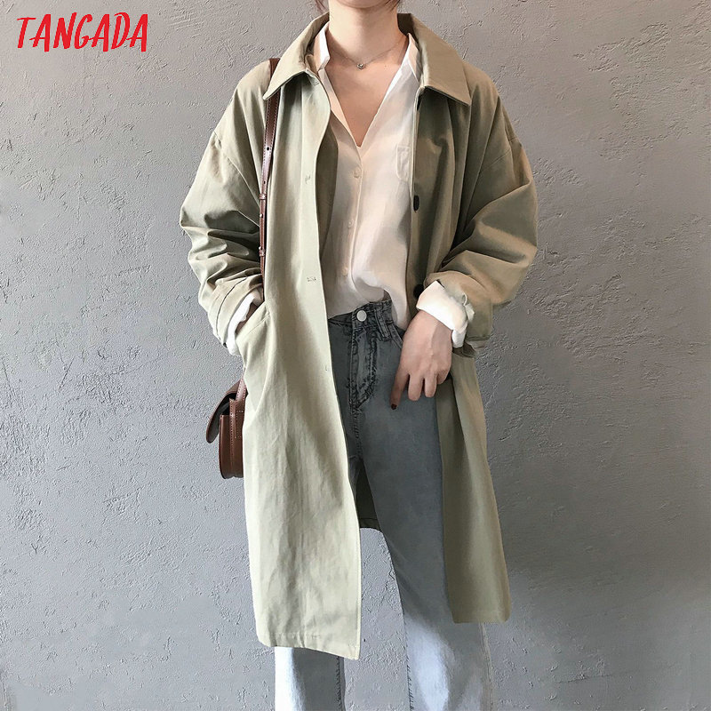Tangada women oversized khaki long trench coat fashion elegant long sleeve ladies high street loose outwear ASF02 201211