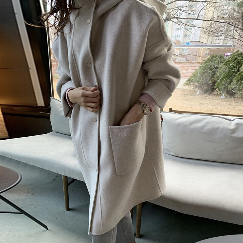 GALCAUR Thick Tweed Coat For Women Hooded Collar Long Sleeve Loose Pockets Oversized Elegant Coats Female Autumn Clothing 201103