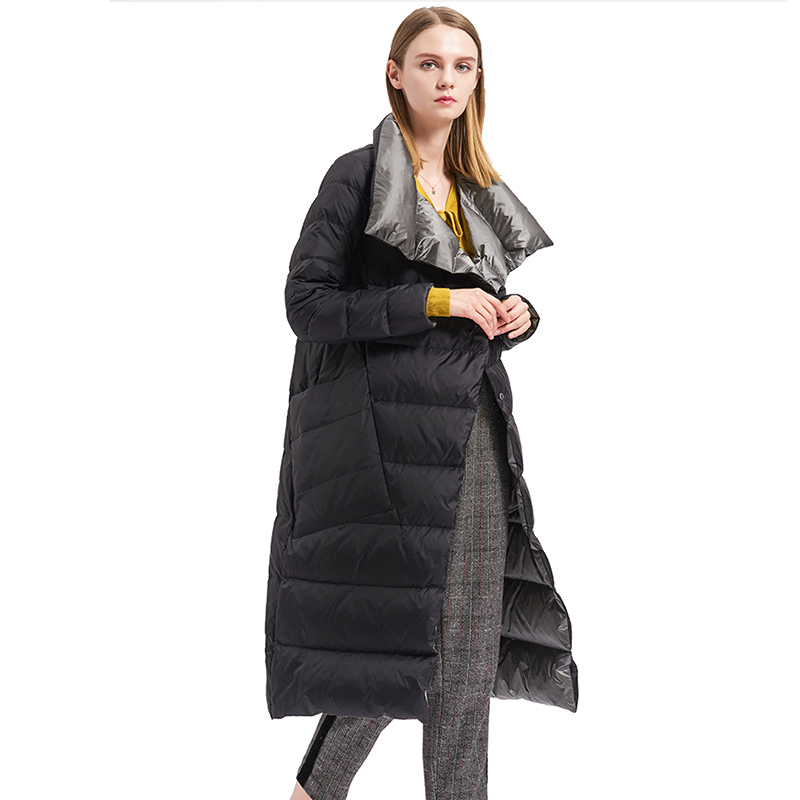 Fitaylor Women Double Sided Down Long Jacket Winter Turtleneck White Duck Down Coat Double Breasted Warm Parkas Snow Outwear 201209