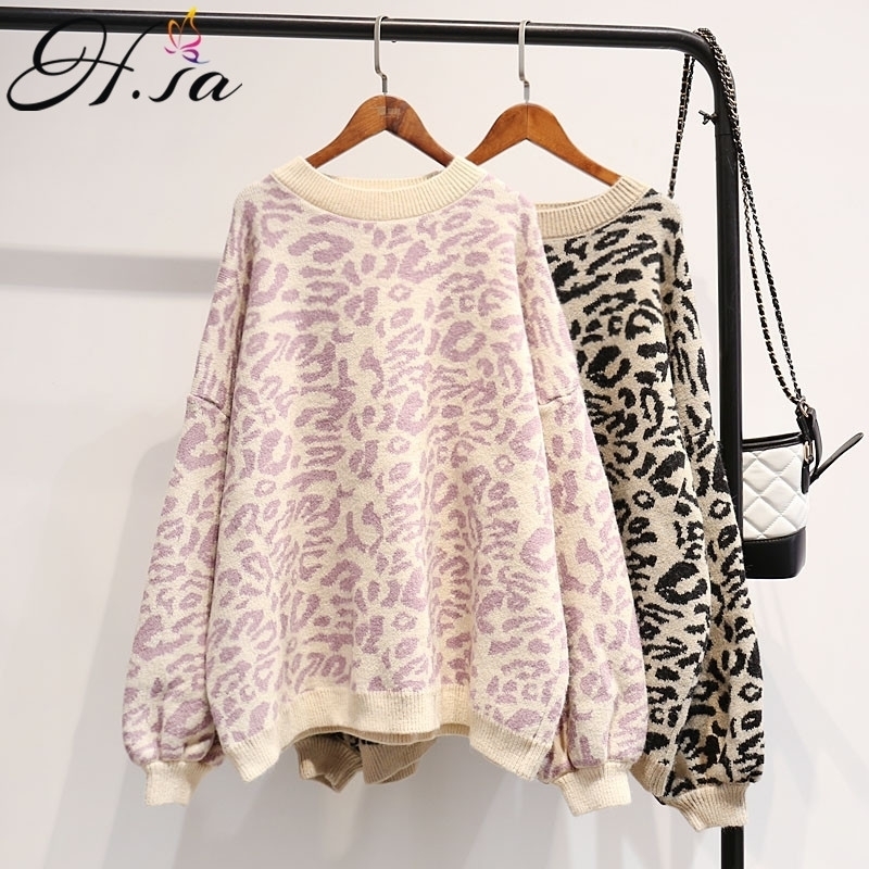 HSA Autumn Winter Women Leopard Pullover and Sweaters Round Neck Oversize Sweater Jumpers Casual Leopard Korean Pull Femme 201109