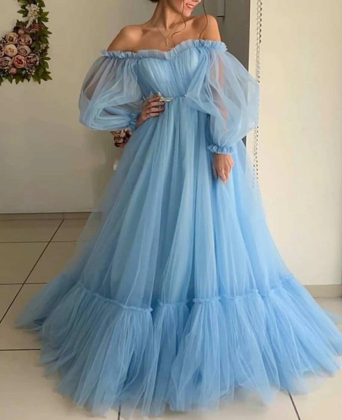 Sky Blue Engagement Prom Dress Off Shoulder Long Puffy Sleeve Floor Length Tulle Formal Party Gown Vestidos Fiesta Robe De Soiree 2024