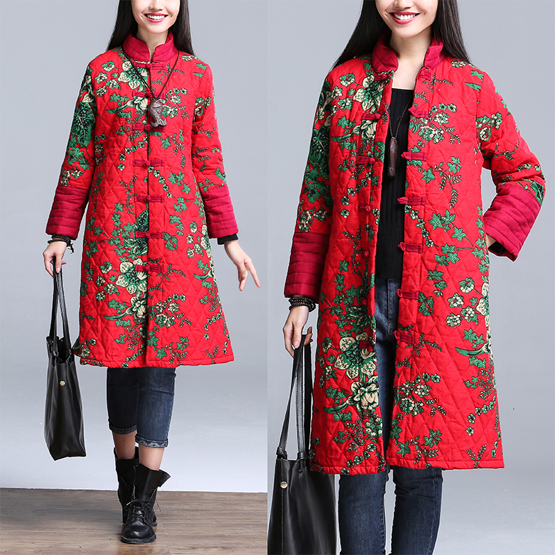Chinese Red Floral Women Winter Warm Long Jacket Vintage Padded Coat Female Blue Flower Winter Quilted Parka Ladies Windbreaker 201217
