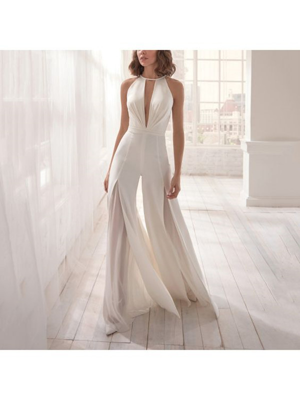 Chiffon Beach Wedding Jumpsuit Sexy Keyhole Neck Lace Backless Fairy Flowy Skirt Bridal Dress with pant suit abiti sposa 2022