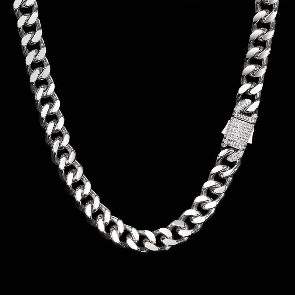 Stainless Steel Jewelry Hip Hop Necklace Micro Inlay Zircon Spring Buckle Four Sides Polished Cuban Chain Necklace