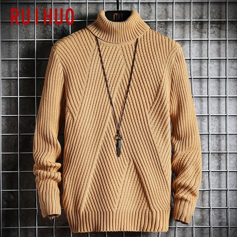 RUIHUO Winter Solid Pullover Turtleneck Men Clothing Turtle Neck Coats High Collar Knitted Sweater Korean Man Clothes M-2XL 201203