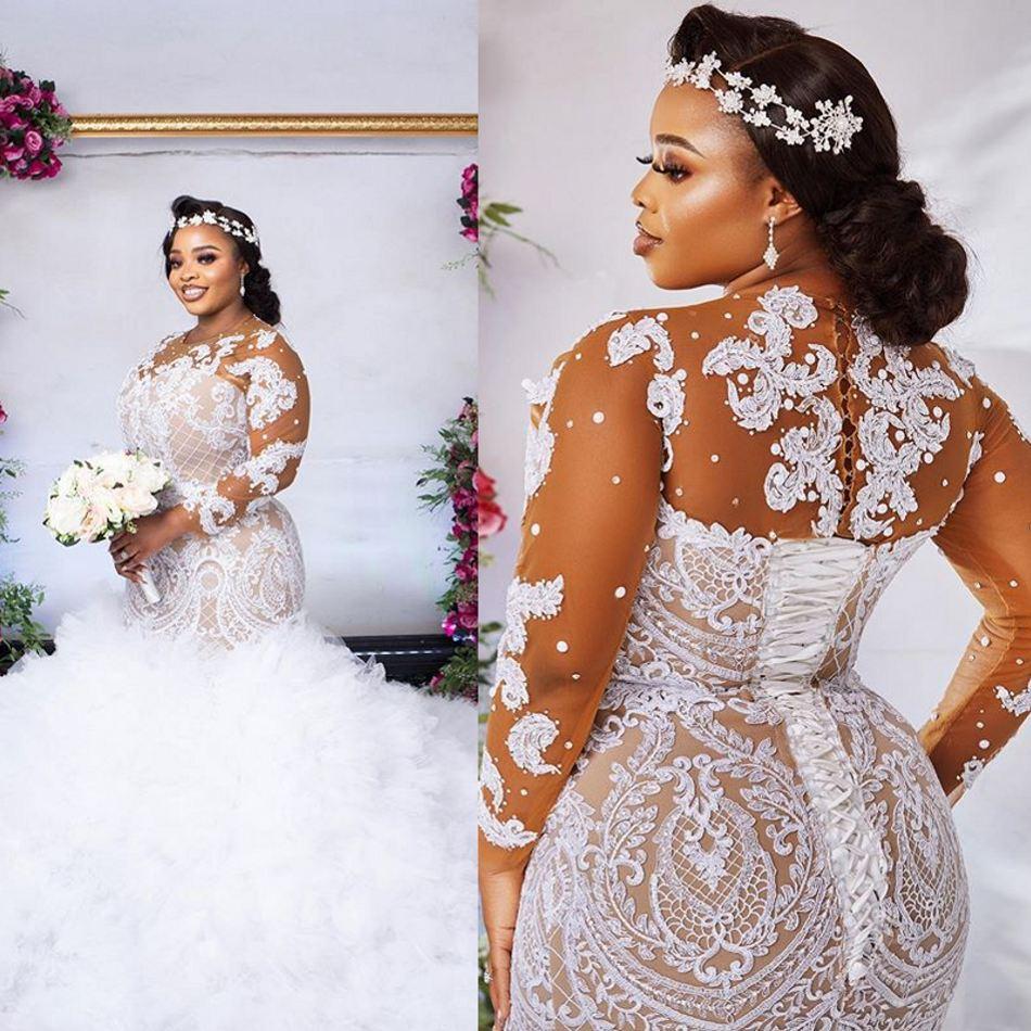 Vintage Plus Size African Mermaid Wedding Dresses Nude ing And White Lace Appliqued Illusion Long Sleeve Beaded Pearls Bridal Gowns
