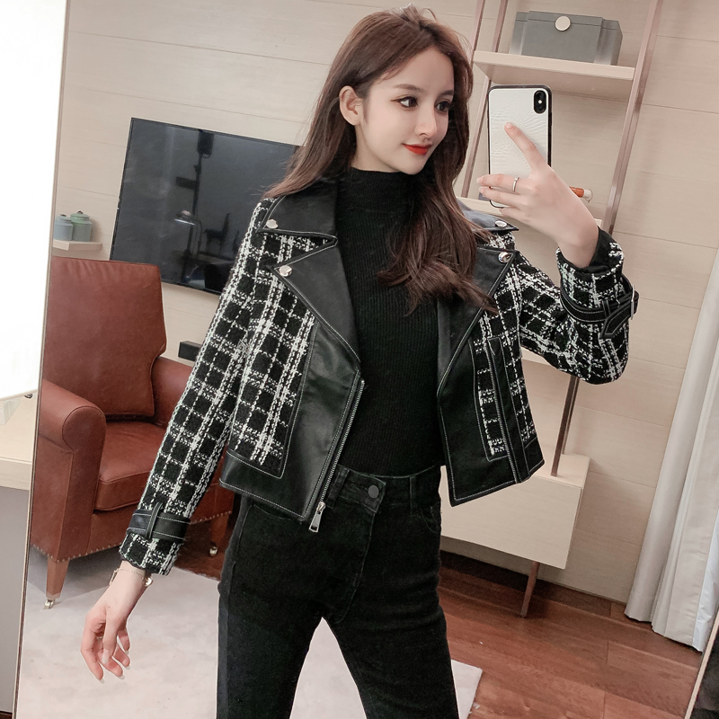 Wild Xiao Xiangfeng was thin tweed stitching PU leather handsome Korean coat motorcycle jacket female tide 201023