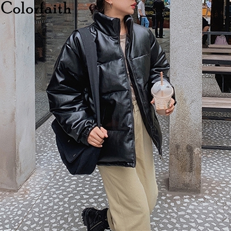 Colorfaith New Autumn Winter Women Jackets Quilted Puffer Parkas High-Quality Warm PU Leather Oversize Short Coat CO935 201110wtt