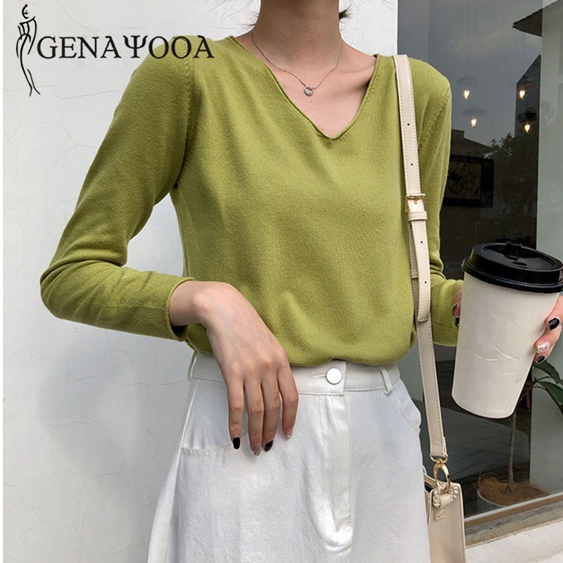Genayooa Autumn Winter Women Sweater Basic Long Sleeve V Neck Knitted Sweater Women Pullover Loose Jumper Ladies Korean 201222
