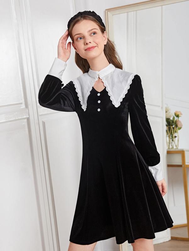 Teen Girls Contrast Collar Cut Out Velvet Dress SHE