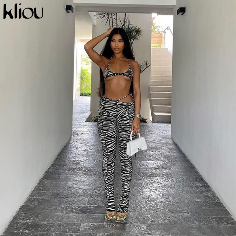 Kliou Zebra Pattern Print Matching Sets Women Sleeveless Sexy Backless Halter Top And Bandage Pants Two Piece Outfits 220308
