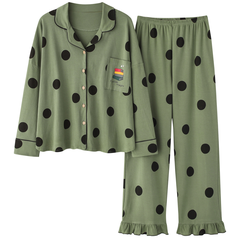 BZEL New Fashion Sleepwear Women's Cotton Cute Pajamas Girls Long Sleeve Tops+Pants With Pockets Polka Dot Casual Lounge Wear 201031