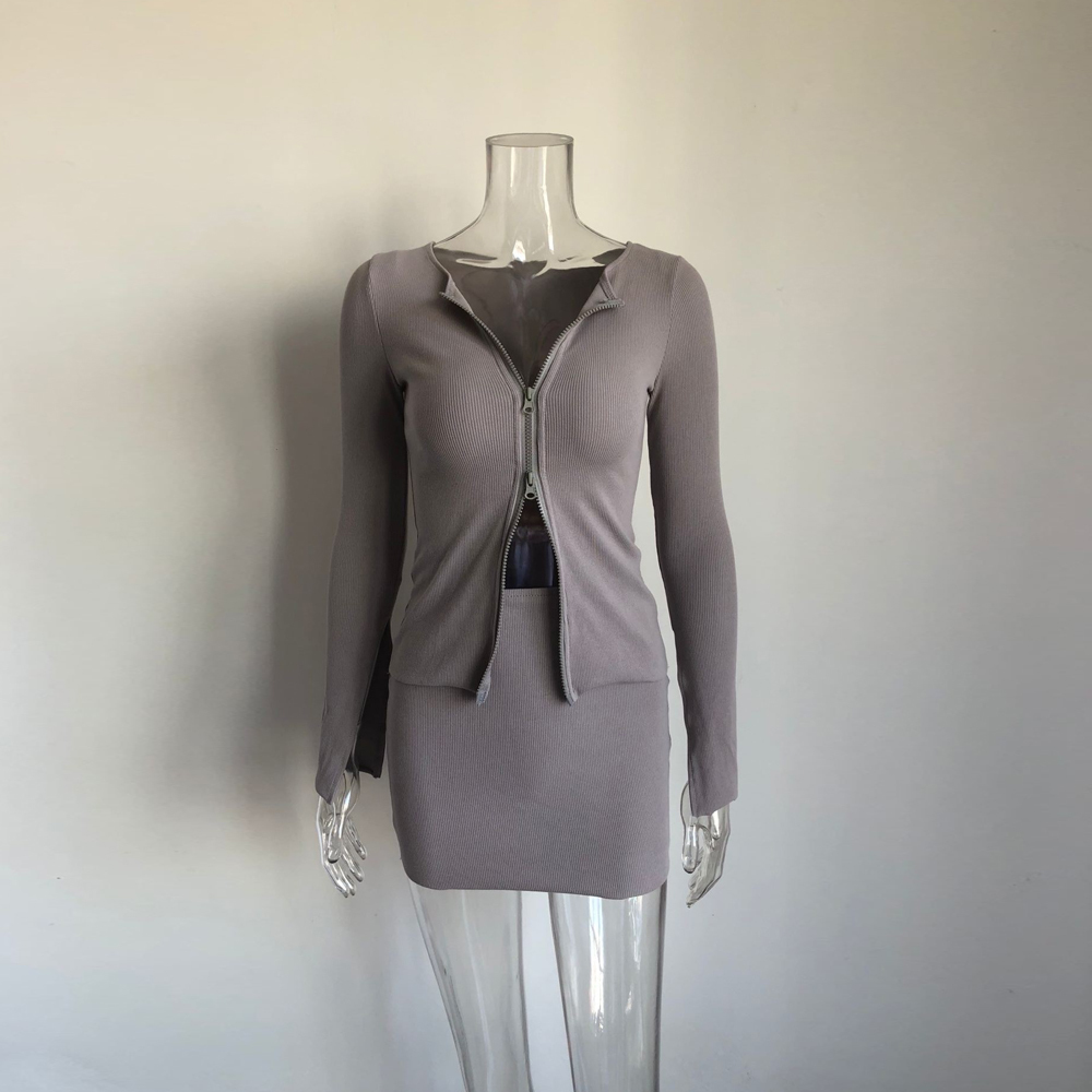 XLLAIS Snug Stretch Material Skirt 2 Sets Women Sexy Double Zippers Sweatshirts Matching Set Clubwear Split Long Sleeve Tops T200325