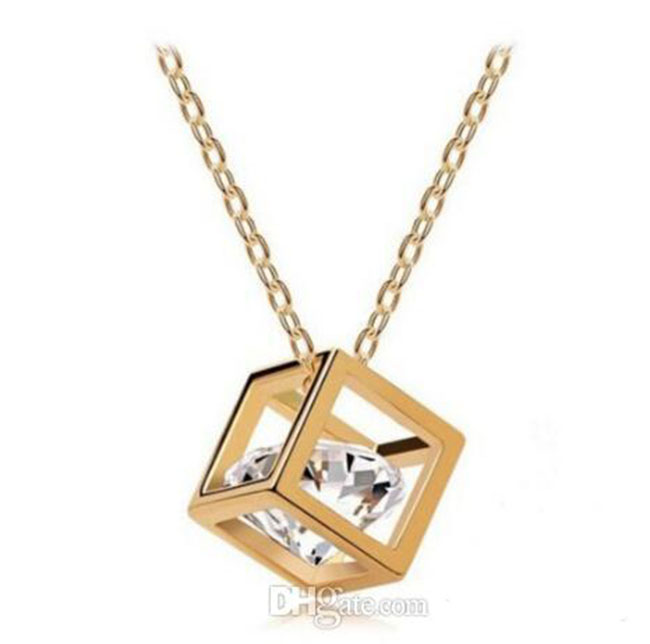 Exquisite 18K Gold Silver Plated Cubic Zirconial Crystal Cube Necklace for Women Girlfriend Ladies Bridal Wedding Jewelry Valentine's Day Gift Wh