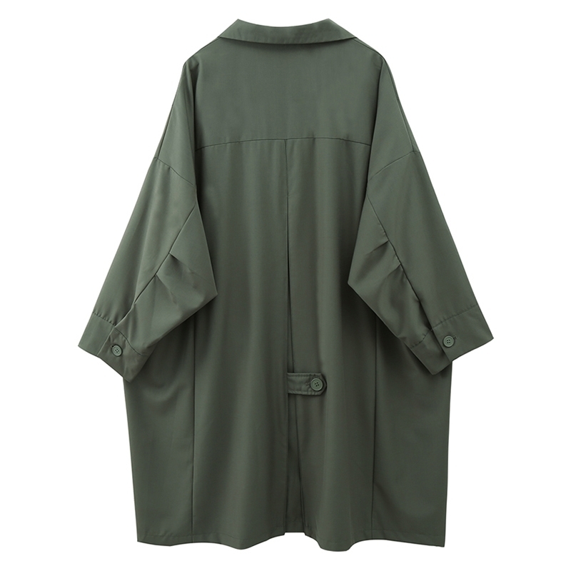 EAM Women Green Brief Big Size Long Trench Lapel Long Batwing Batwing Sleeve Loose Windbreaker Fashion Spring 1X135 201030
