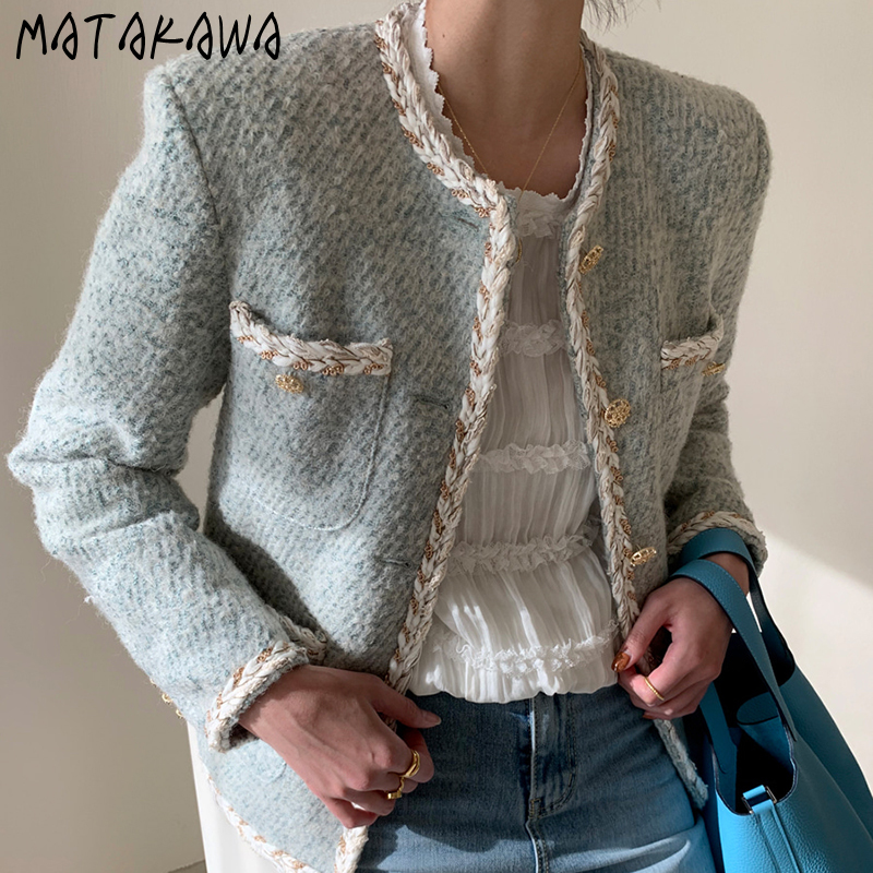 MATAKAWA Korean Round Neck Trim Woolen Coat Woman Single Breasted Loose Multi-pocket Long Sleeve Fall Clothes for Women 201216