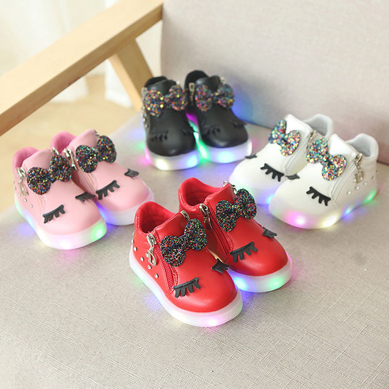 Size 21-30 Children Glowing Sneakers Kid Princess Bow for Girls LED Shoes Cute Baby Sneakers with Light Shoes Luminous 201112