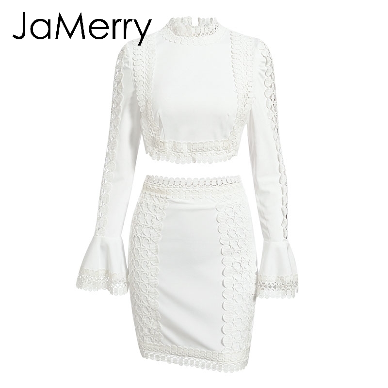 JaMerry Vintage elegant lace bodycon dress White two piece set hollow out autumn dress suit Winter sexy party club mini dresses T200911