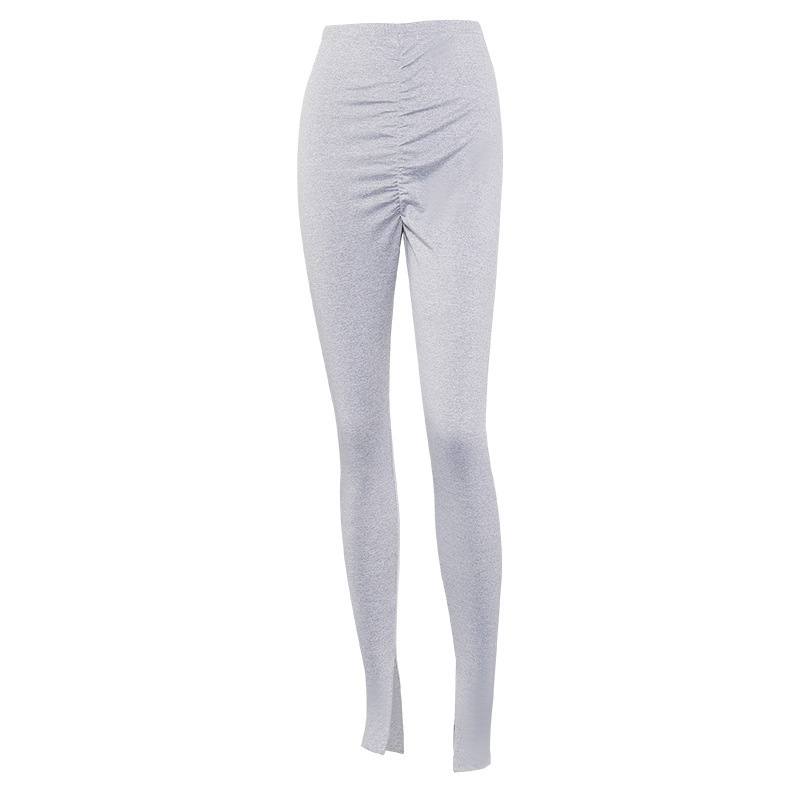 Joskaa Stacked leggings Ruched High Wasited Slit Flare Pants Solid Bandage Club Summer Solid Stretch Casual Long Trousers 201031
