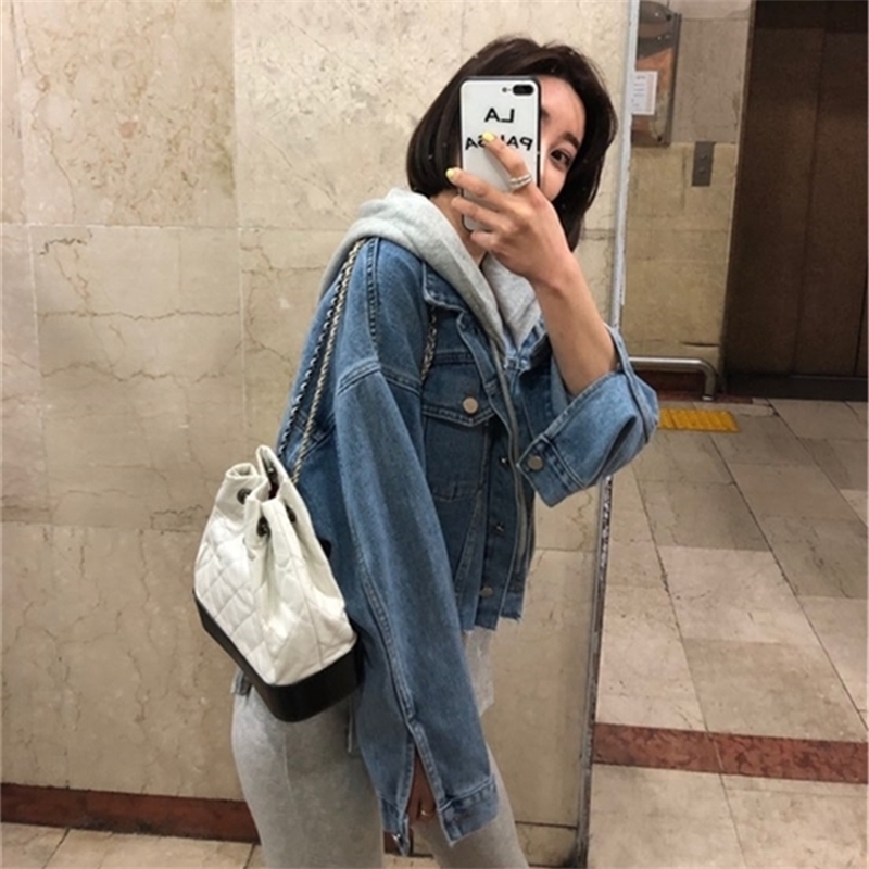 Colorfaith New Autumn Winter Women Denim Jackets Patchwork Hooded Outerwear High Street Oversize Wild Short Jeans JK8929