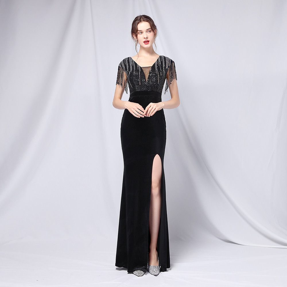 Wine Red Beaded Velvet Prom Party Dresses Tassel Sparkly V-neck Mermaid Full length Evening Dress Koftan Doubai robes de soirée