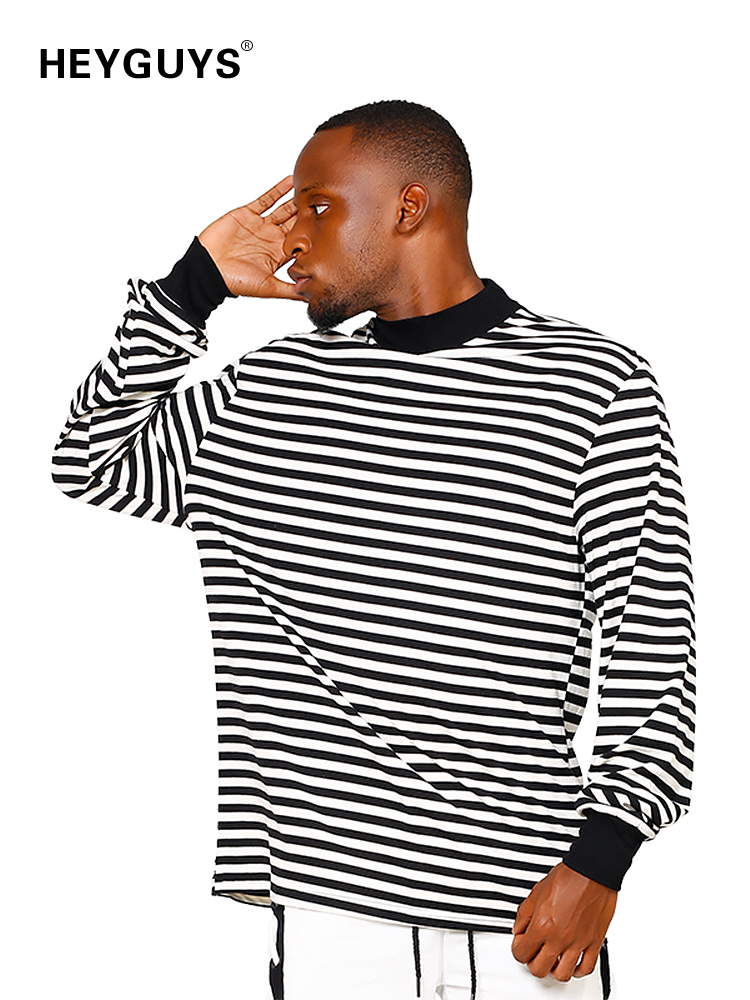 HEYGUYS original men's striped foundation Europe street style T-shirt long sleeve t-shirt men bottom loose head 201203