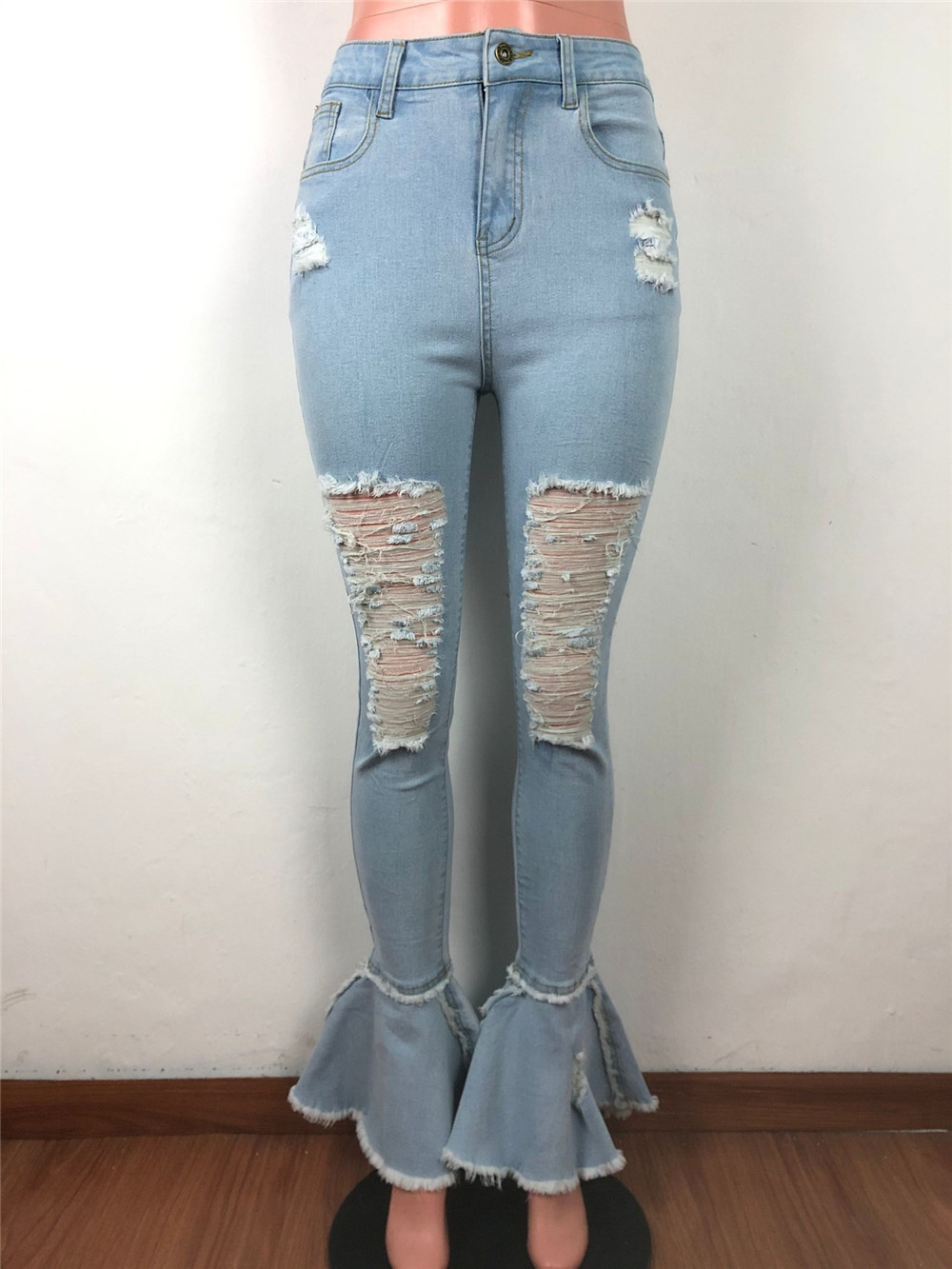 Tsuretobe Ripped Jeans For Women High Waist Jeans Vintage Flare Jeans With Holes Patchwork Bell Bottom Jean Denim Pants Trousers 201029
