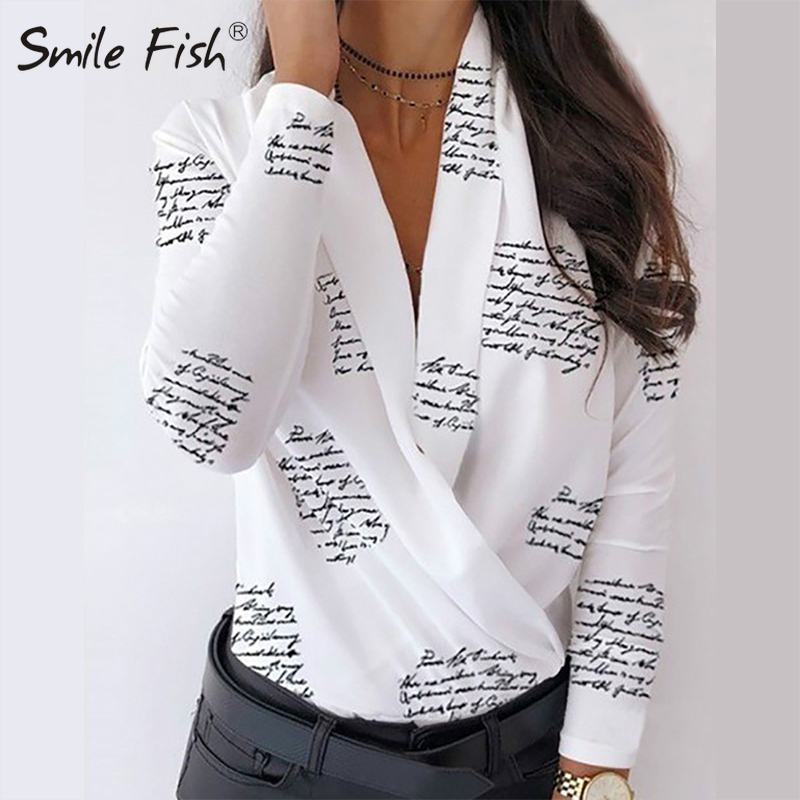 Overlap Letter Pineapple Printed White Blouse Women V-Neck Surplice Wrap Tops Stylish Shirts Elegant Lady Spring Blusas T200321