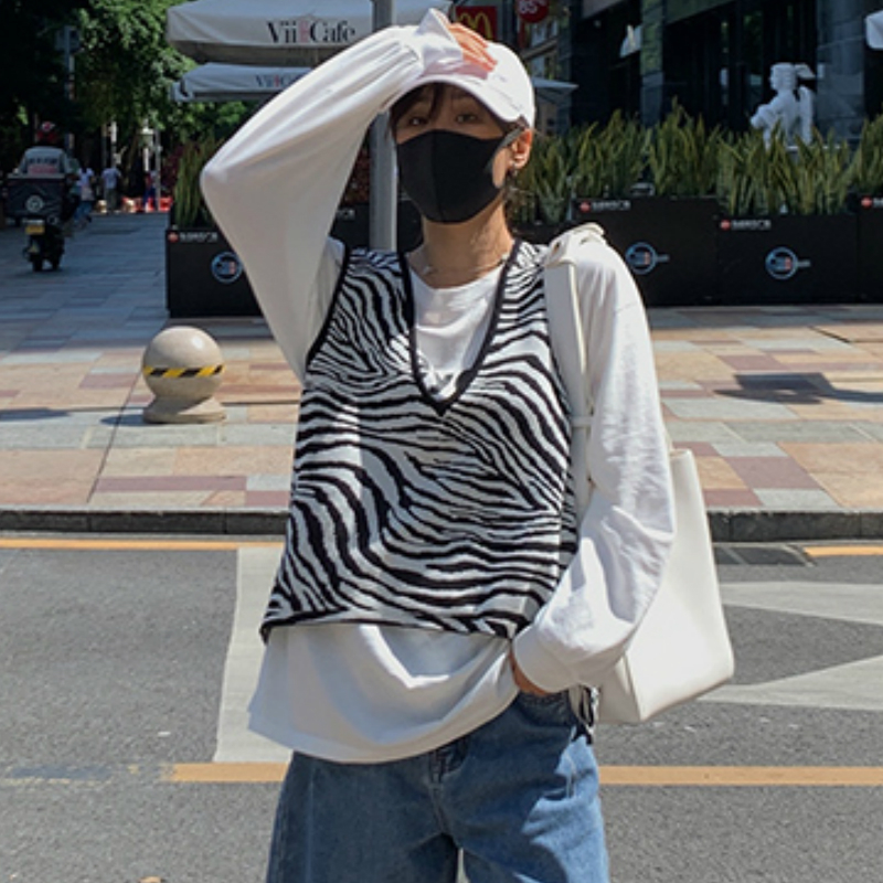 Zebra-Stripe Sweater Vest Women's Short Style Loose Autumn New Korean Style V-neck Sleeveless Sweater 201023