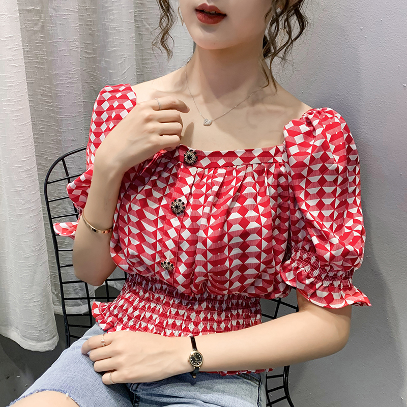 Summer Women's blouse shirt New French Retro Plaid Tops Women's shirt Flavor Shoulder Blusas T200608