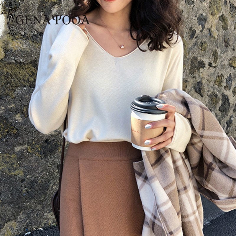 Genayooa Autumn Winter Women Sweater Basic Long Sleeve V Neck Knitted Sweater Women Pullover Loose Jumper Ladies Korean 201222