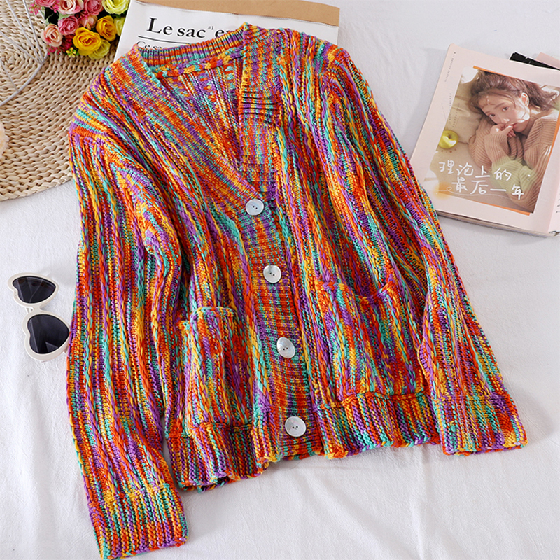 Rainbow Sweater Cardigans Casual Chic Colorful Women Cardigans Long Sleeve Boho Vintage Knitted Sweaters Autumn Winter 201030wtt