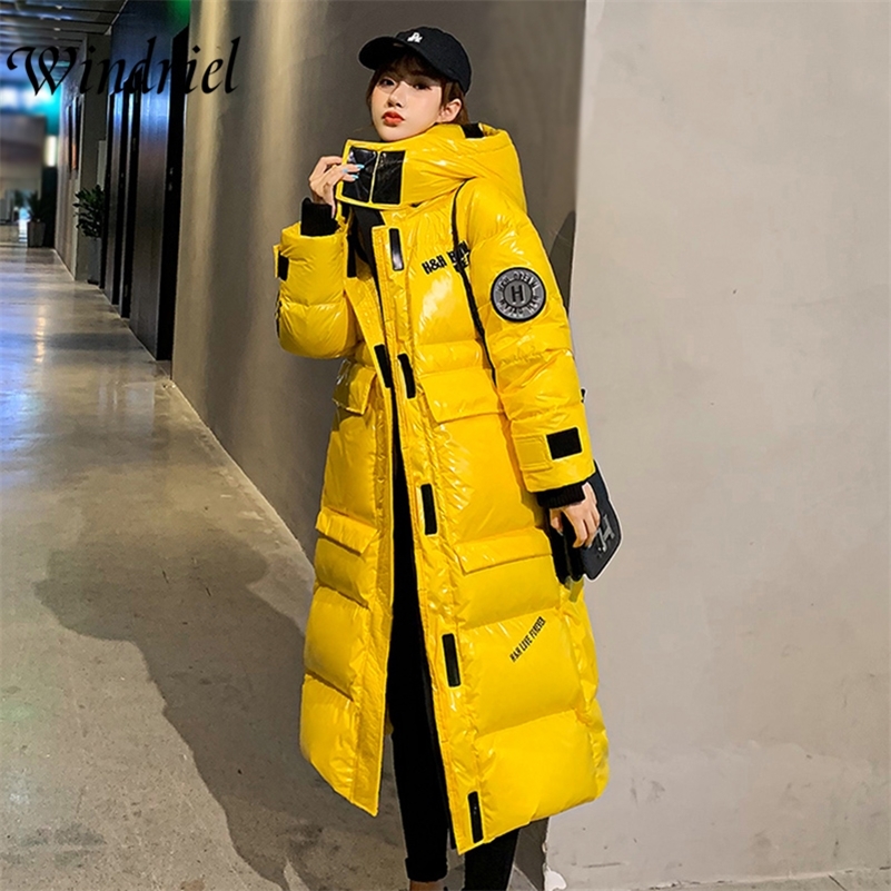 Long Winter Jacket Thick Warm Winter Parkas Hooded Waterproof Winter Coat Women Fashion Letter Bright Wadded Jackets Windriel 201217