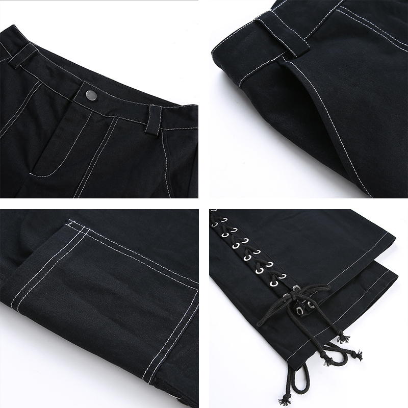 Rapwriter Streetwear Punk Side Cross Lace-up Straight Pant Black Women Cargo High Waist Pants Long Trousers Capris Pocket 201112