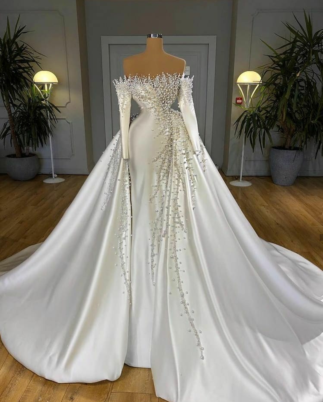 elegant heavy pearls wedding dresses satin overskirt off shoulder beaded bridal gowns custom made robes de marie
