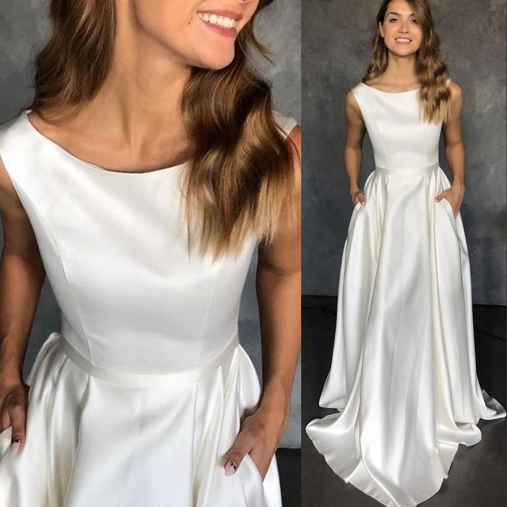 Simple New Satin A Line Wedding Dresses With Pocket Elegant Sleeveless O Neck Floor Length Bridal Gowns Bride Dress Cheap Customized 403 B0312