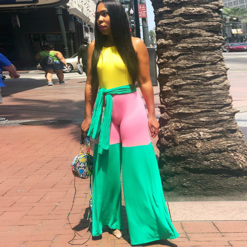 Best selling new women's colorblock jumpsuit urban casual strap summer jumpsuit sexy tight long jumpsuit T200616