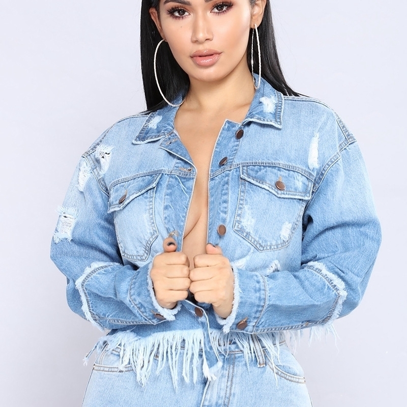 Sexy tassel Denim Jackets Women Hole Boyfriend Style Long Sleeve Vintage Jean jacket Denim Loose Autumn Denim Coat Jean T200212