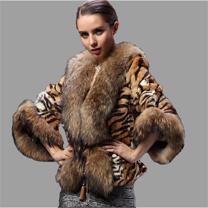 Natural Raccoon Fur Coat Genuine Fur Jackets Overcoat Women's Real Rabbit Fur Outerwear Tiger Stripes Leopard Plus Size 6XL Cape 201112