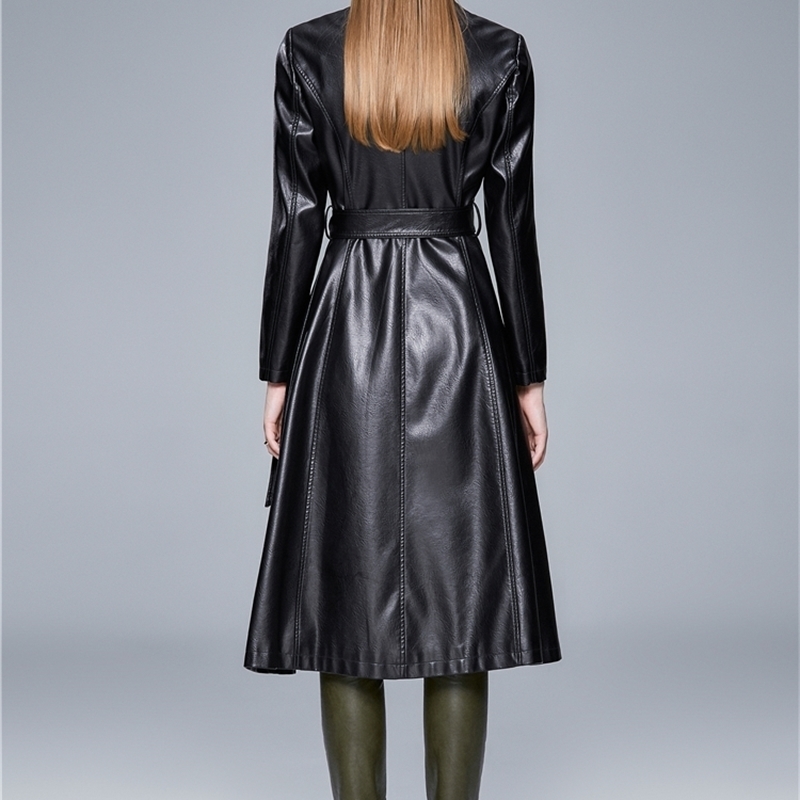 Women Black Red Pleated Big Size Pu Leather Trench New Lapel Long Sleeve Loose Windbreaker Fashion Spring Autumn 201031