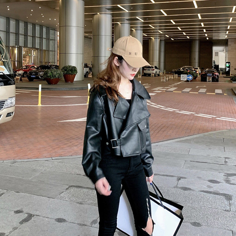 Women Outwear Jacket Pocket Beige Black Pu Faux Leather Notch Collar Moto Mobike Solid C0258 201030