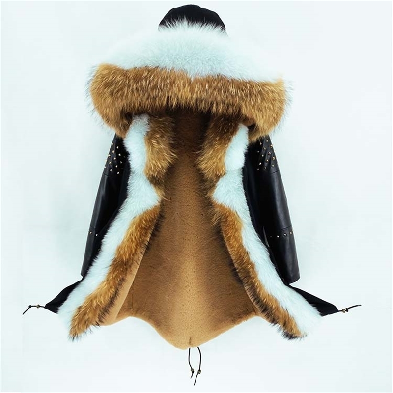 OFTBUY Long Parka Real Fur Coat Winter Jacket Women Natural Sheepskin Leather Rivet Sleeves Outerwear Streetwear Casual 201201
