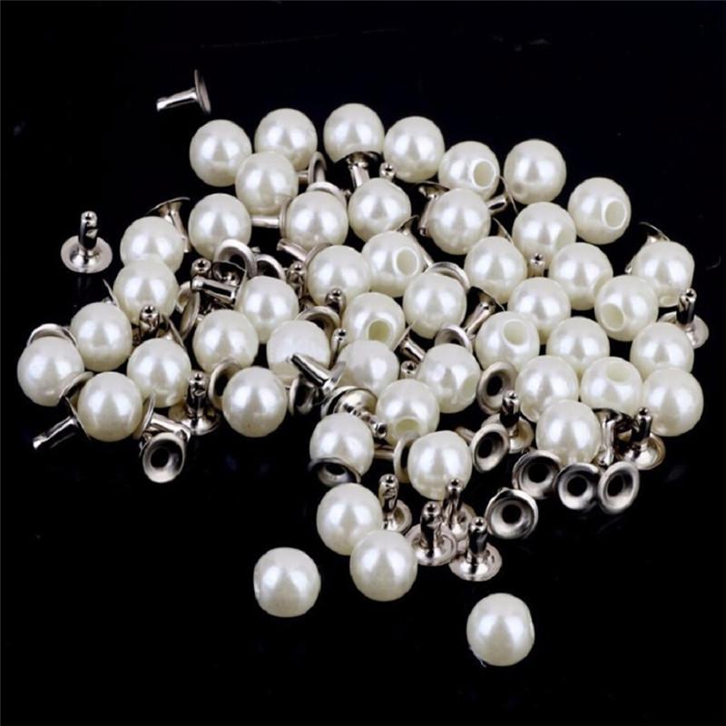 Other 100 Sets White Pearls Rivets Studs Beads 6mm For DIY Crafts Leather Bag Shoes Clothes Decoration