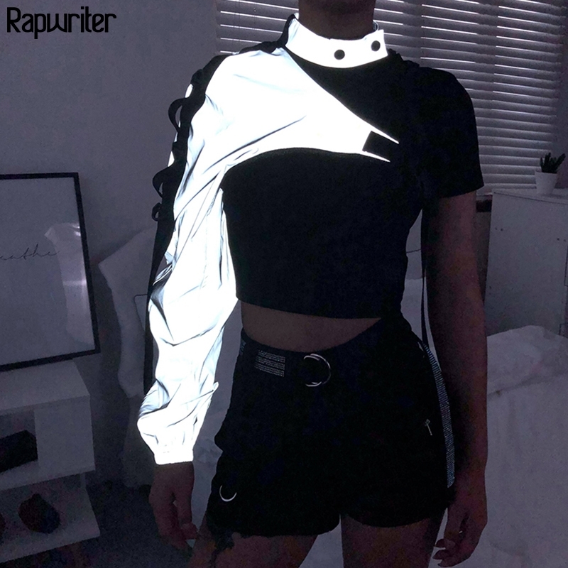 Rapwriter Fashion One Shoulder Plastic Buckle Long Sleeve Reflective Sweatshirt Women Fall Outwear Harajuku Halter Crop Top 201102