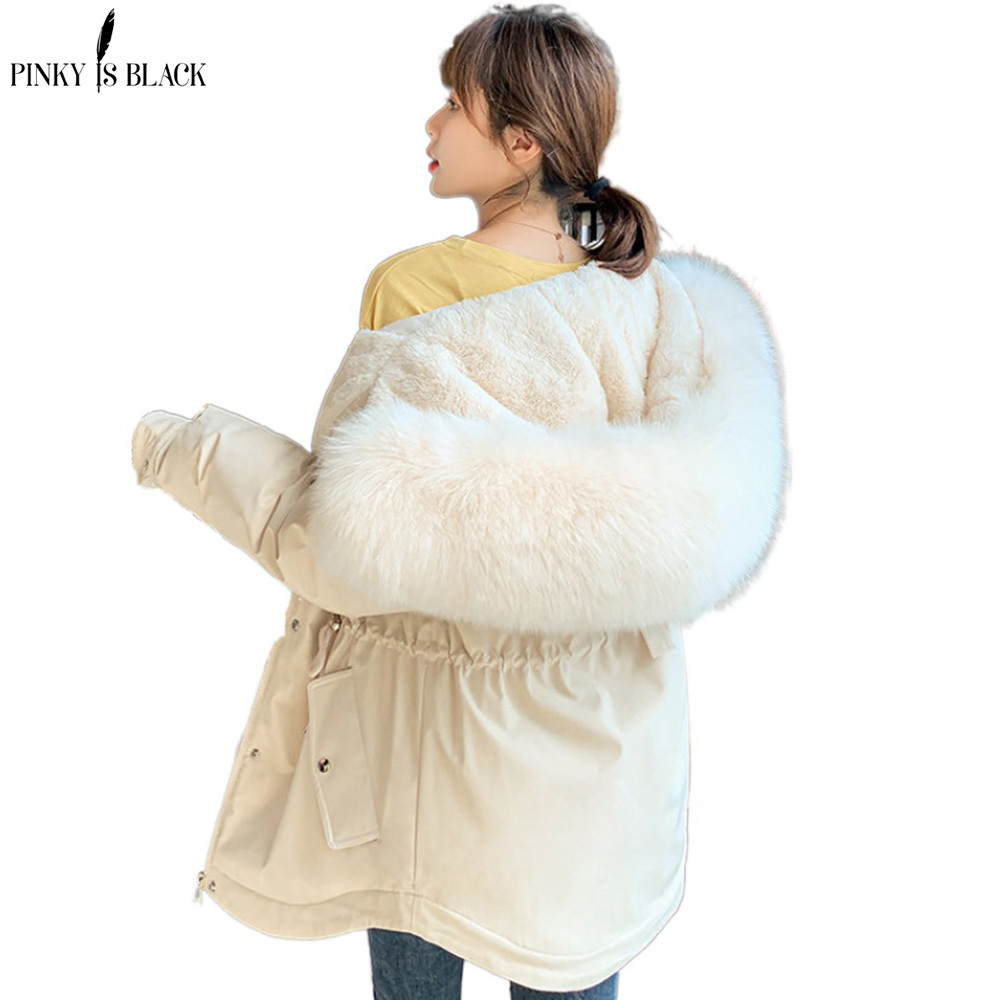 PinkyIsBlack Ladies Wool Liner Thicken Hooded Parkas Women Slim With Big Fur Collar Outerwear Autumn Winter Jacket Women Coat 201019