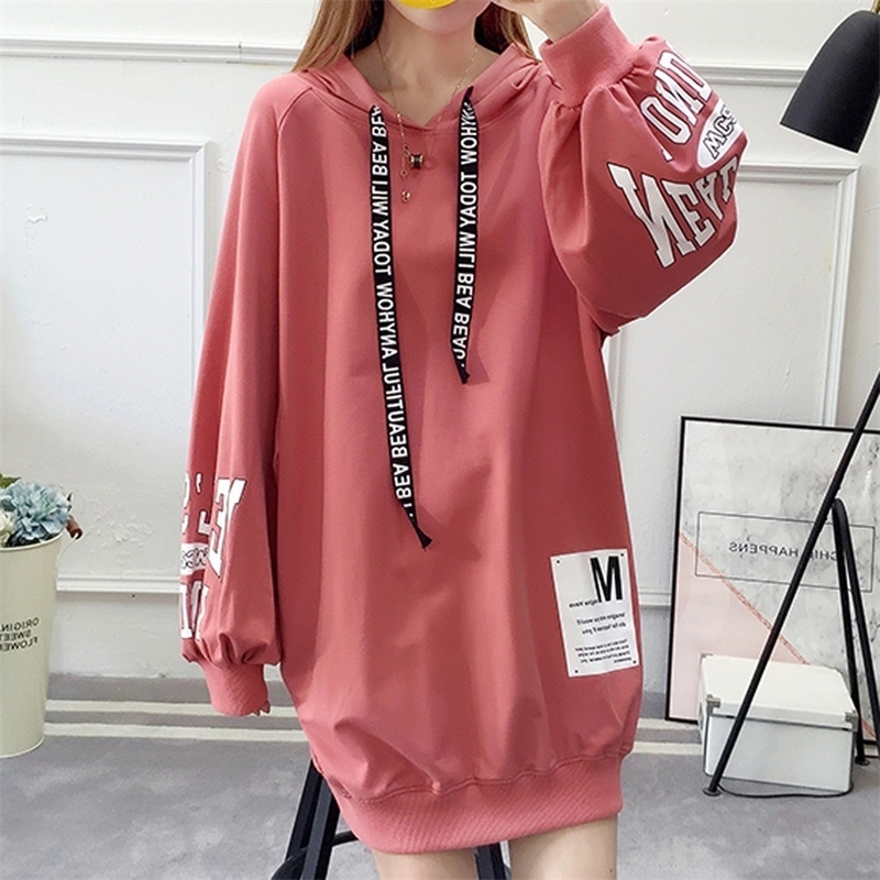 Letter Hoodie Dress Womens Pullover Loose Print Drawstring Long Sleeve Long korean Hoodie Sweatshirt Tops sudaderas para mujer LJ201103