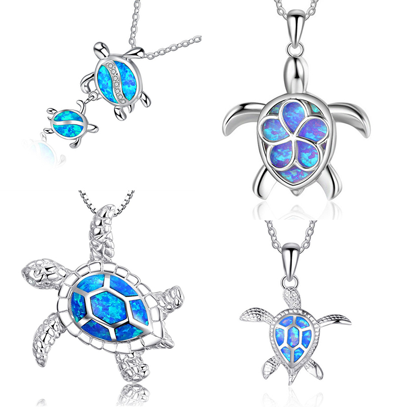 Fashion Blue Opal Sea Turtle Pendant Necklaces for Women Female Animal Wedding Statement Chain Necklace Ocean Beach Jewelry Gift