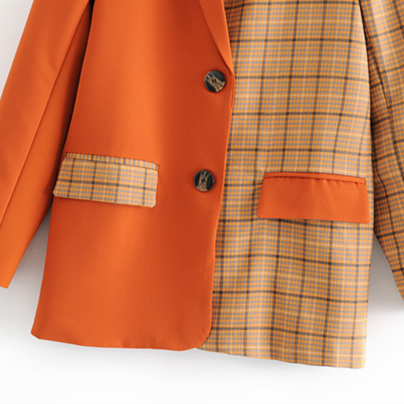 NSZ Women Checked Blazer Plaid Jacket Female Patchwork Long Sleeve Office Work Elegant Outerwear Business Suit Coat Blaser Mujer T200319