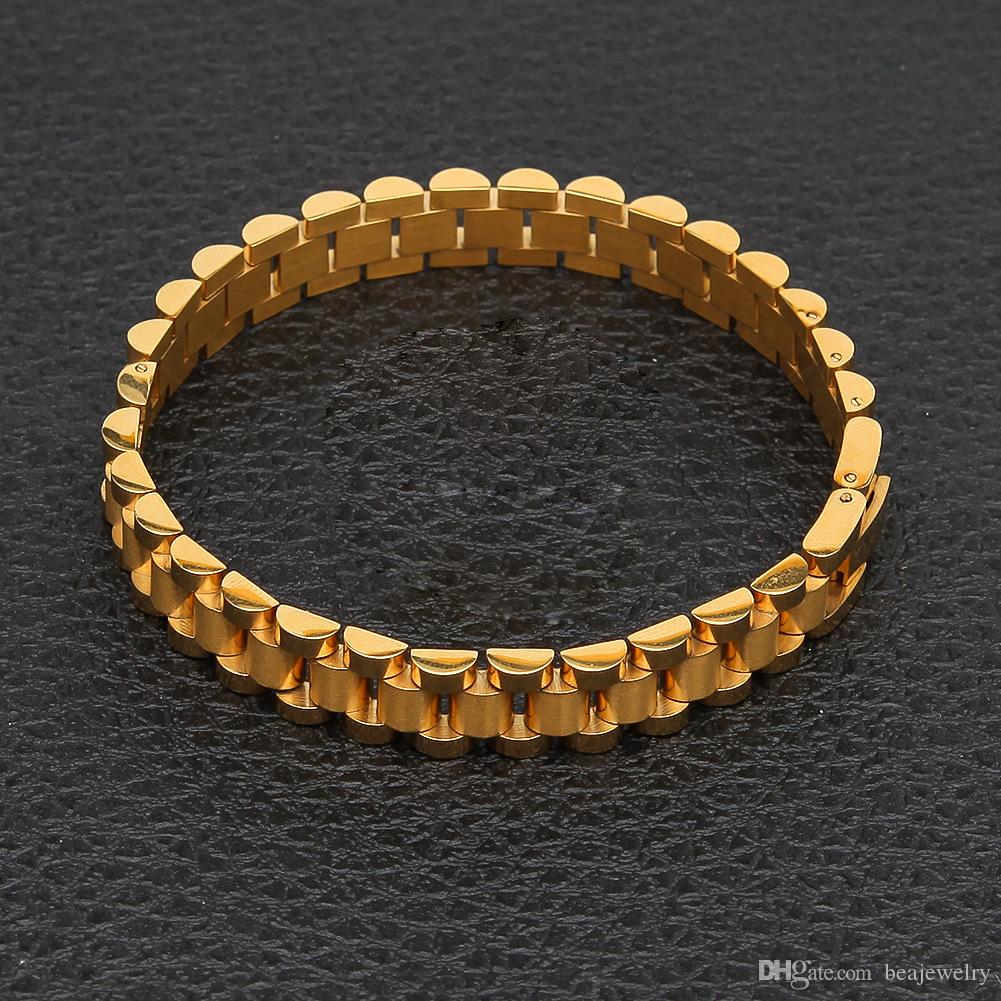 Gold Plated Watch Strap Link Chain Bracelet 21cm*1cm Stainless Steel Style Wristband Adjustable Mens Hip Hop Punk Rock Jewelry Bangle Cool Gift Bijoux