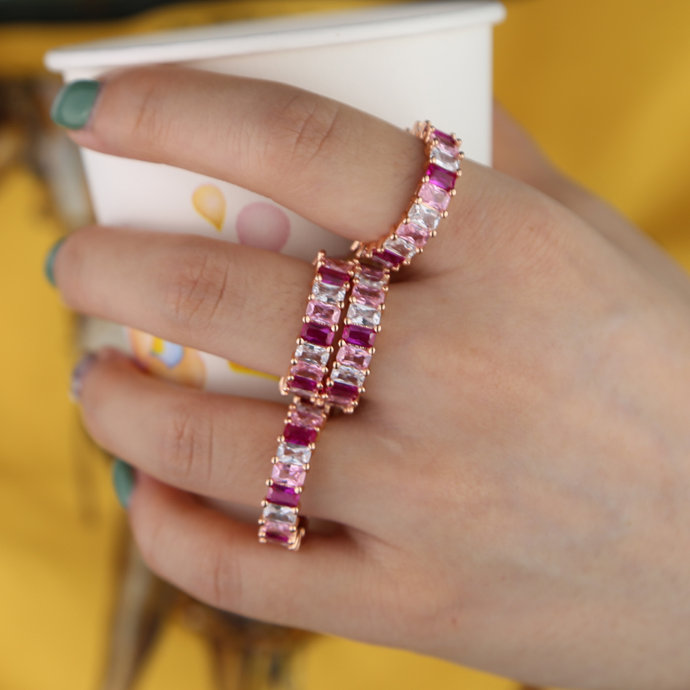 2024 Colorful Fashion Jewelry Pink Pinky Pastel Rainbow Baguette Cz Eternity Ring Engagement Band Rings 5 6 7 8 9 Wholesale